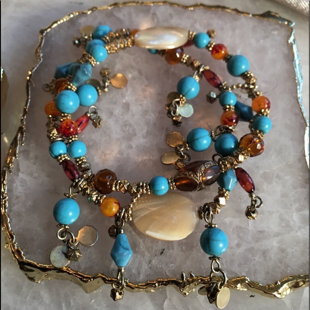 TWO STRAND Blue, Gold, White & Brown Bracelet
